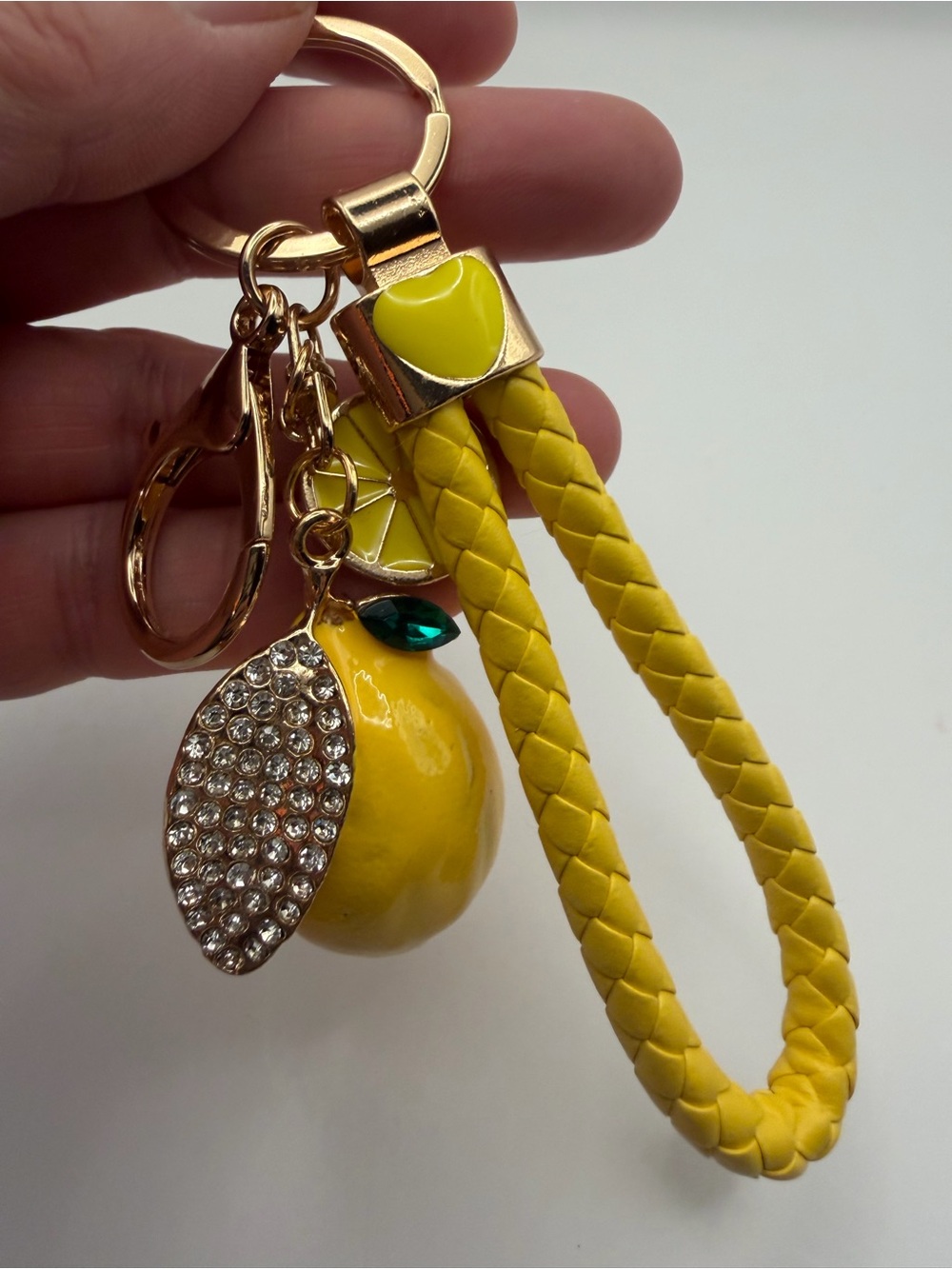 Yellow Lemon Braided Wristlet Keychain with Crystal Leaf Charm